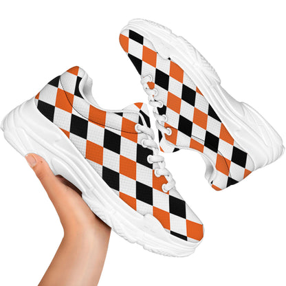 White Black And Orange Harlequin Print White Chunky Shoes