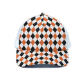 White Black And Orange Harlequin Print White Mesh Trucker Hat