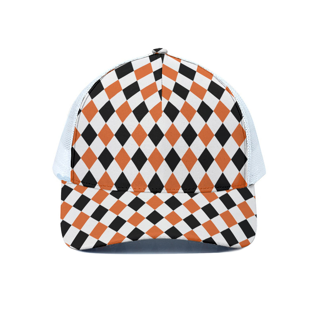 White Black And Orange Harlequin Print White Mesh Trucker Cap