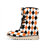 White Black And Orange Harlequin Print Winter Boots