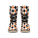 White Black And Orange Harlequin Print Winter Boots