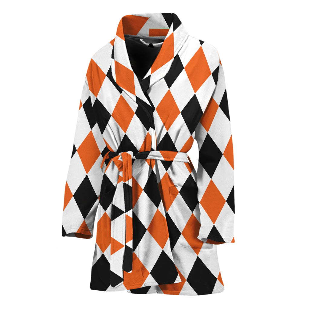 White Black And Orange Harlequin Print Women's Bathrobe