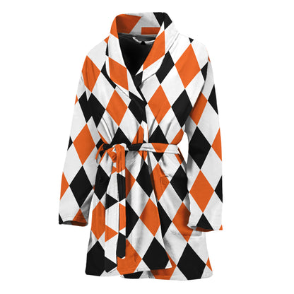White Black And Orange Harlequin Print Women's Bathrobe
