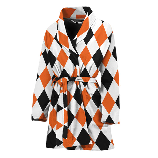 White Black And Orange Harlequin Print Women's Bathrobe