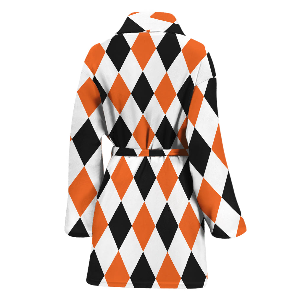 White Black And Orange Harlequin Print Women's Bathrobe