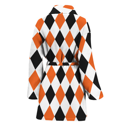 White Black And Orange Harlequin Print Women's Bathrobe