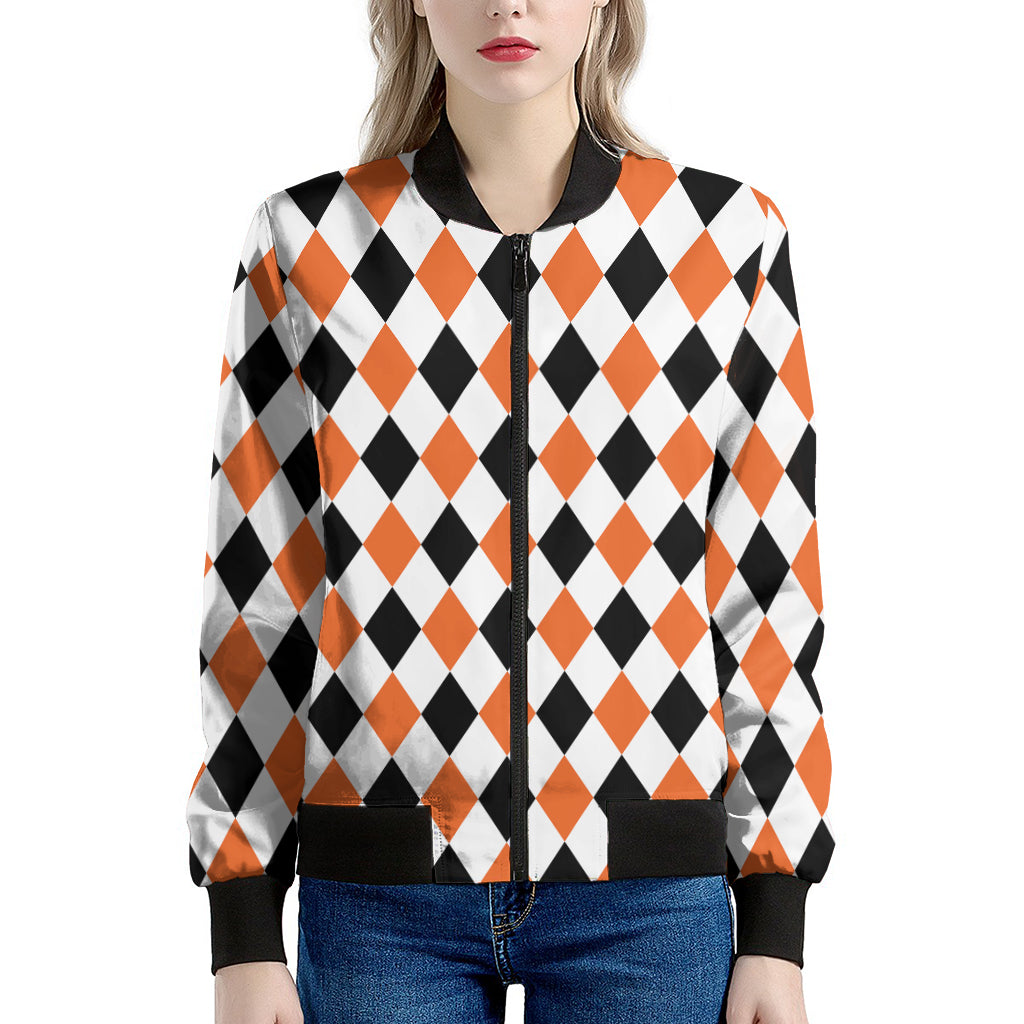White Black And Orange Harlequin Print Women's Bomber Jacket