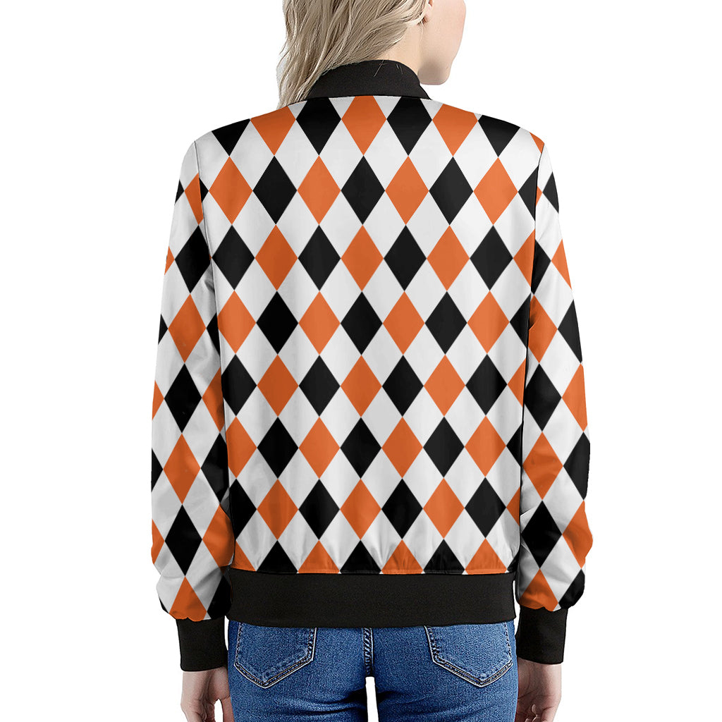 White Black And Orange Harlequin Print Women's Bomber Jacket
