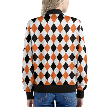 White Black And Orange Harlequin Print Women's Bomber Jacket