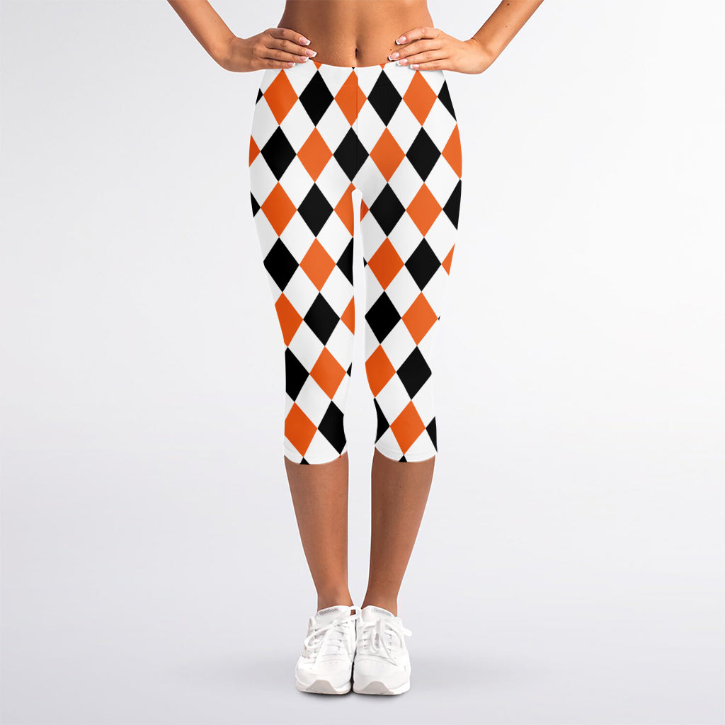 White Black And Orange Harlequin Print Women's Capri Leggings