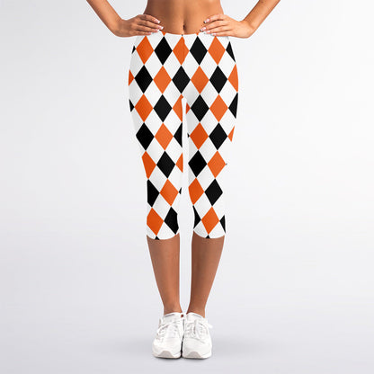 White Black And Orange Harlequin Print Women's Capri Leggings