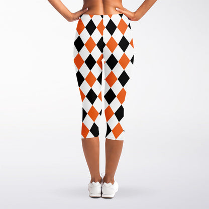 White Black And Orange Harlequin Print Women's Capri Leggings