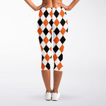 White Black And Orange Harlequin Print Women's Capri Leggings
