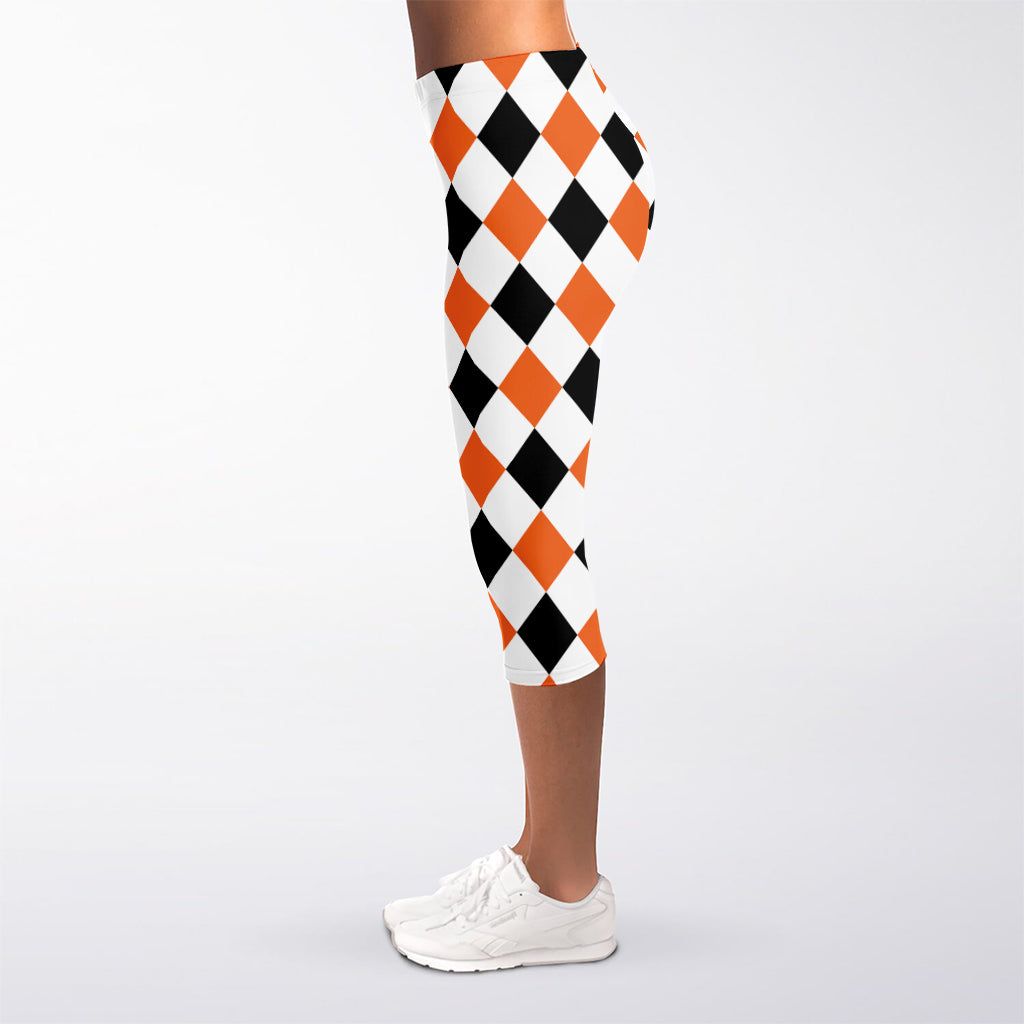 White Black And Orange Harlequin Print Women's Capri Leggings