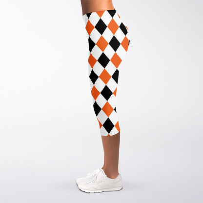 White Black And Orange Harlequin Print Women's Capri Leggings