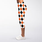 White Black And Orange Harlequin Print Women's Capri Leggings