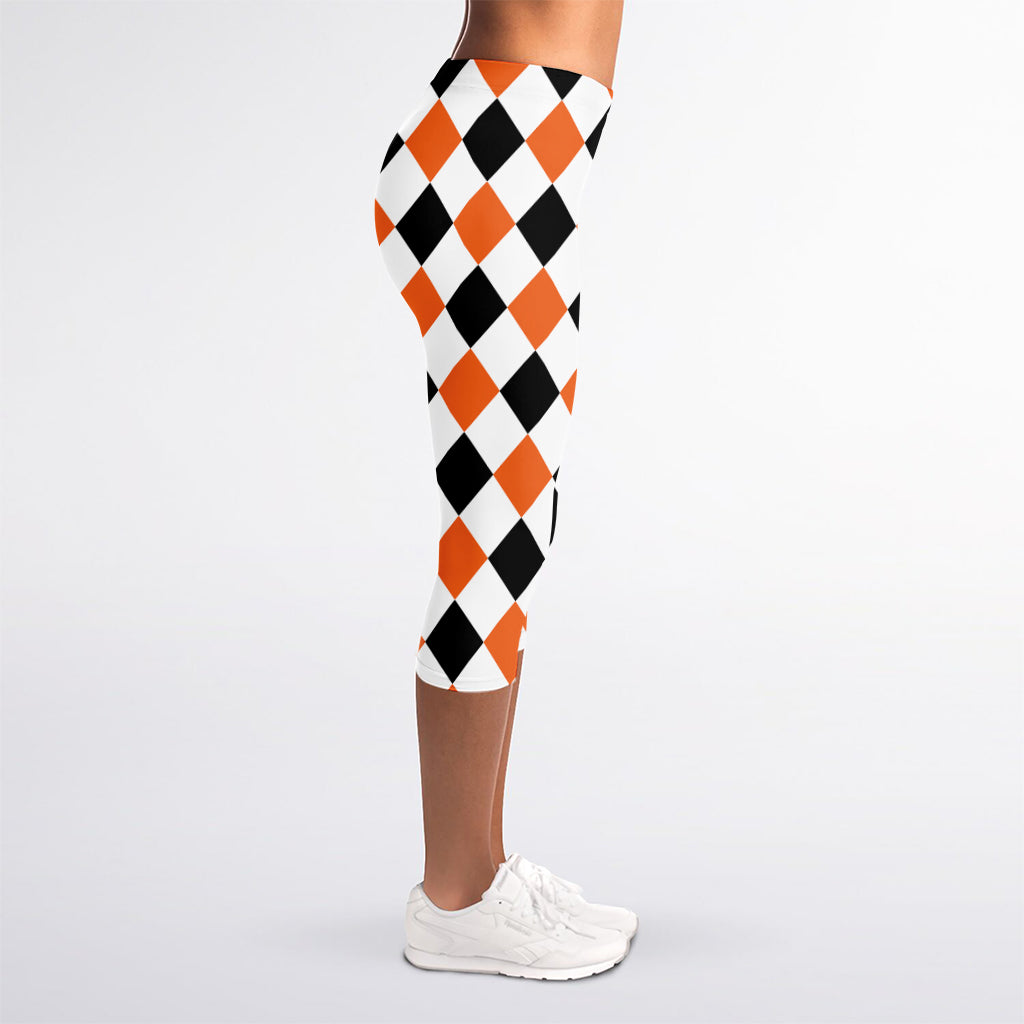 White Black And Orange Harlequin Print Women's Capri Leggings
