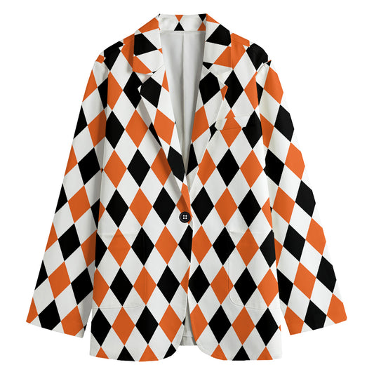 White Black And Orange Harlequin Print Women's Cotton Blazer