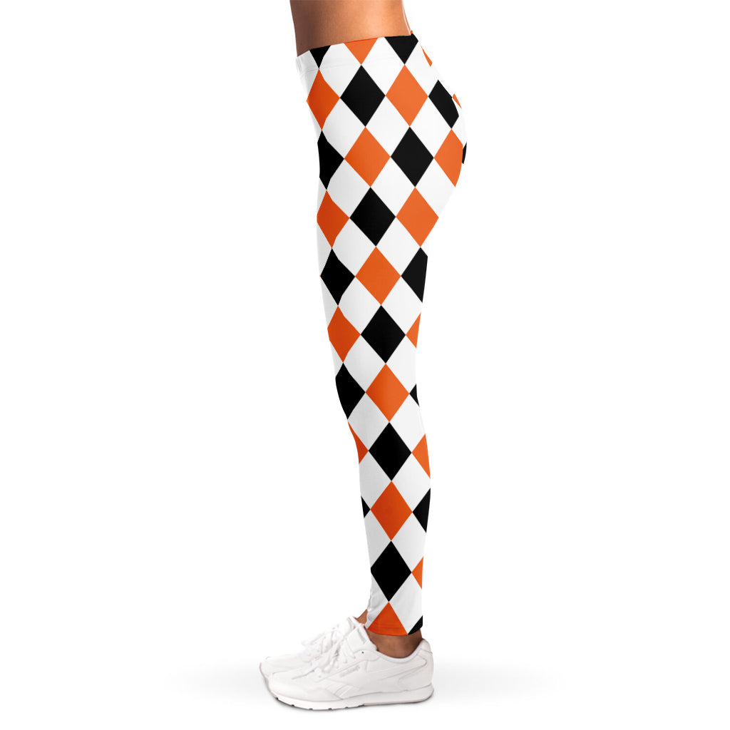 White Black And Orange Harlequin Print Women's Leggings