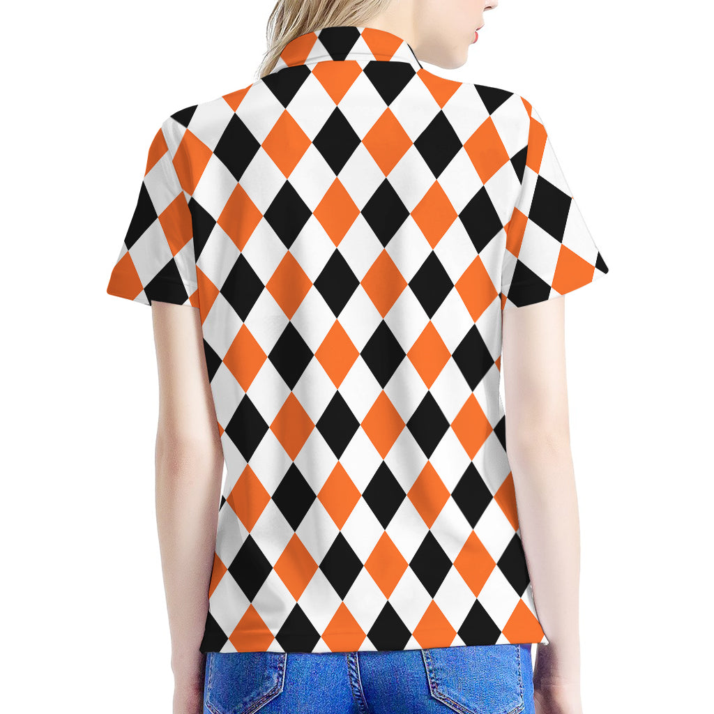White Black And Orange Harlequin Print Women's Polo Shirt