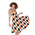 White Black And Orange Harlequin Print Sleeveless Knee Length Dress