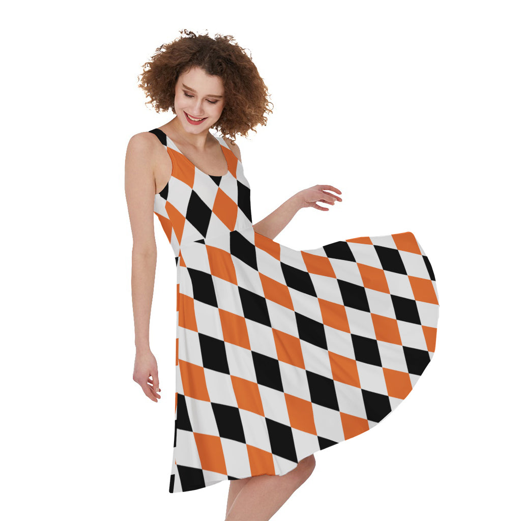 White Black And Orange Harlequin Print Women's Sleeveless Dress