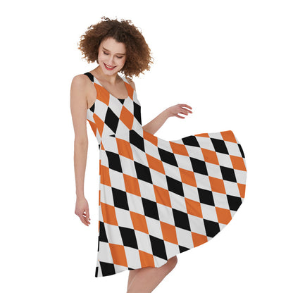 White Black And Orange Harlequin Print Women's Sleeveless Dress