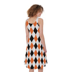 White Black And Orange Harlequin Print Women's Sleeveless Dress