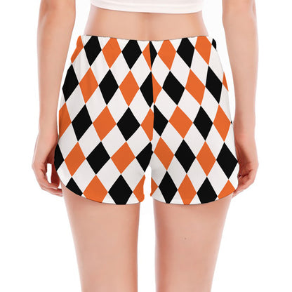 White Black And Orange Harlequin Print Women's Split Running Shorts