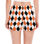 White Black And Orange Harlequin Print Women's Split Running Shorts