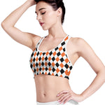 White Black And Orange Harlequin Print Women's Sports Bra