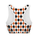 White Black And Orange Harlequin Print Women's Sports Bra