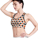 White Black And Orange Harlequin Print Women's Sports Bra