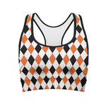 White Black And Orange Harlequin Print Women's Sports Bra