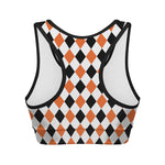 White Black And Orange Harlequin Print Women's Sports Bra