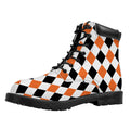 White Black And Orange Harlequin Print Padded Collar Lace Up Boots