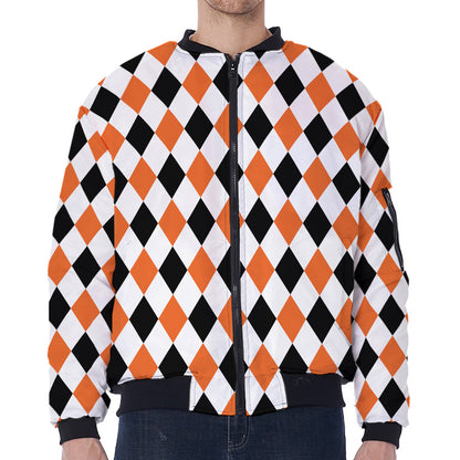 White Black And Orange Harlequin Print Zip Sleeve Bomber Jacket