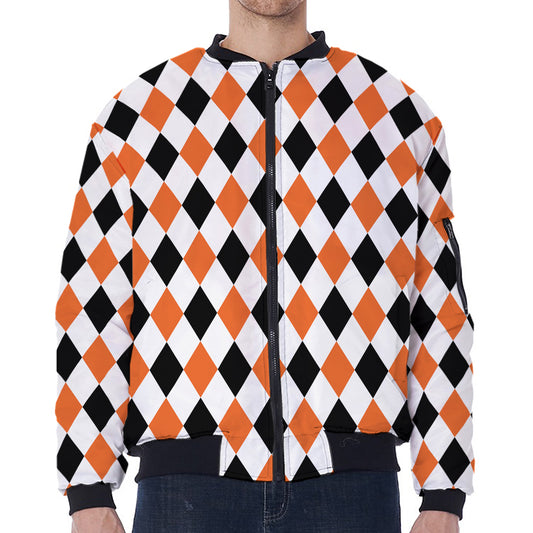 White Black And Orange Harlequin Print Zip Sleeve Bomber Jacket