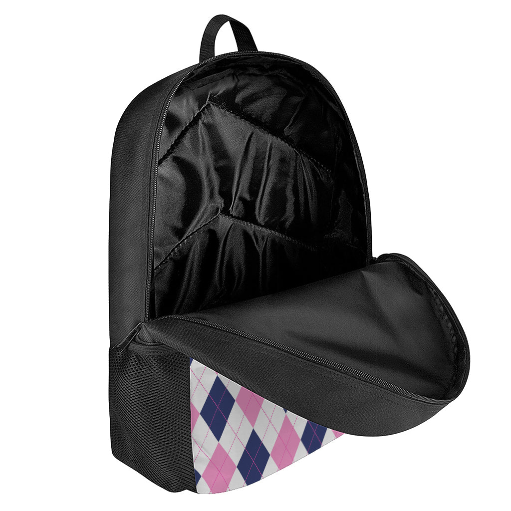 White Blue And Pink Argyle Pattern Print 17 Inch Backpack