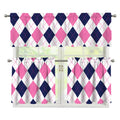 White Blue And Pink Argyle Pattern Print 3 Piece Kitchen Curtains