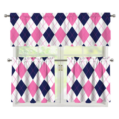 White Blue And Pink Argyle Pattern Print 3 Piece Kitchen Curtains