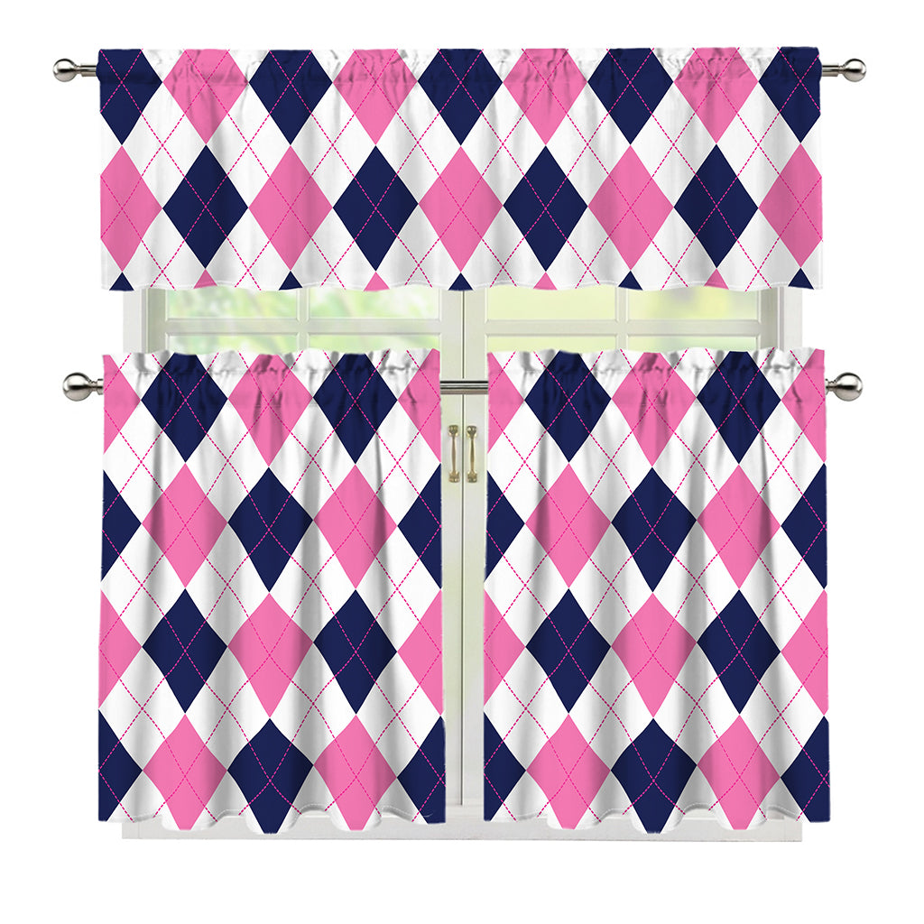 White Blue And Pink Argyle Pattern Print 3 Piece Kitchen Curtains