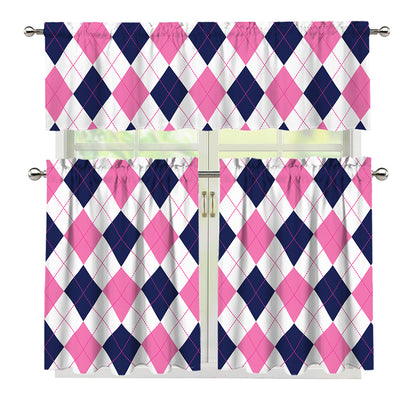 White Blue And Pink Argyle Pattern Print 3 Piece Kitchen Curtains