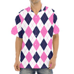 White Blue And Pink Argyle Pattern Print Aloha Shirt
