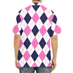 White Blue And Pink Argyle Pattern Print Aloha Shirt