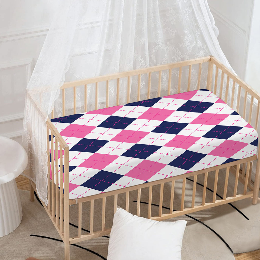 White Blue And Pink Argyle Pattern Print Baby Crib Sheet