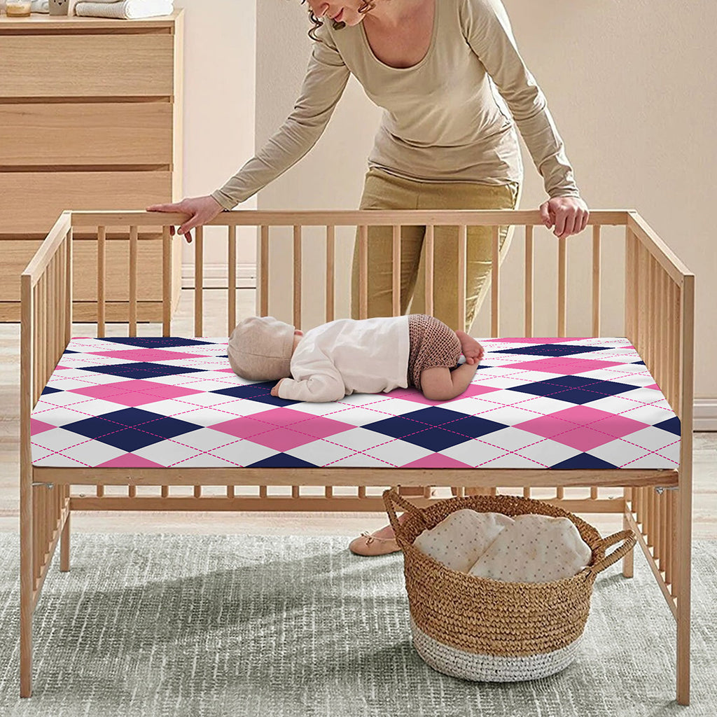 White Blue And Pink Argyle Pattern Print Baby Crib Sheet