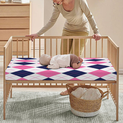 White Blue And Pink Argyle Pattern Print Baby Crib Sheet