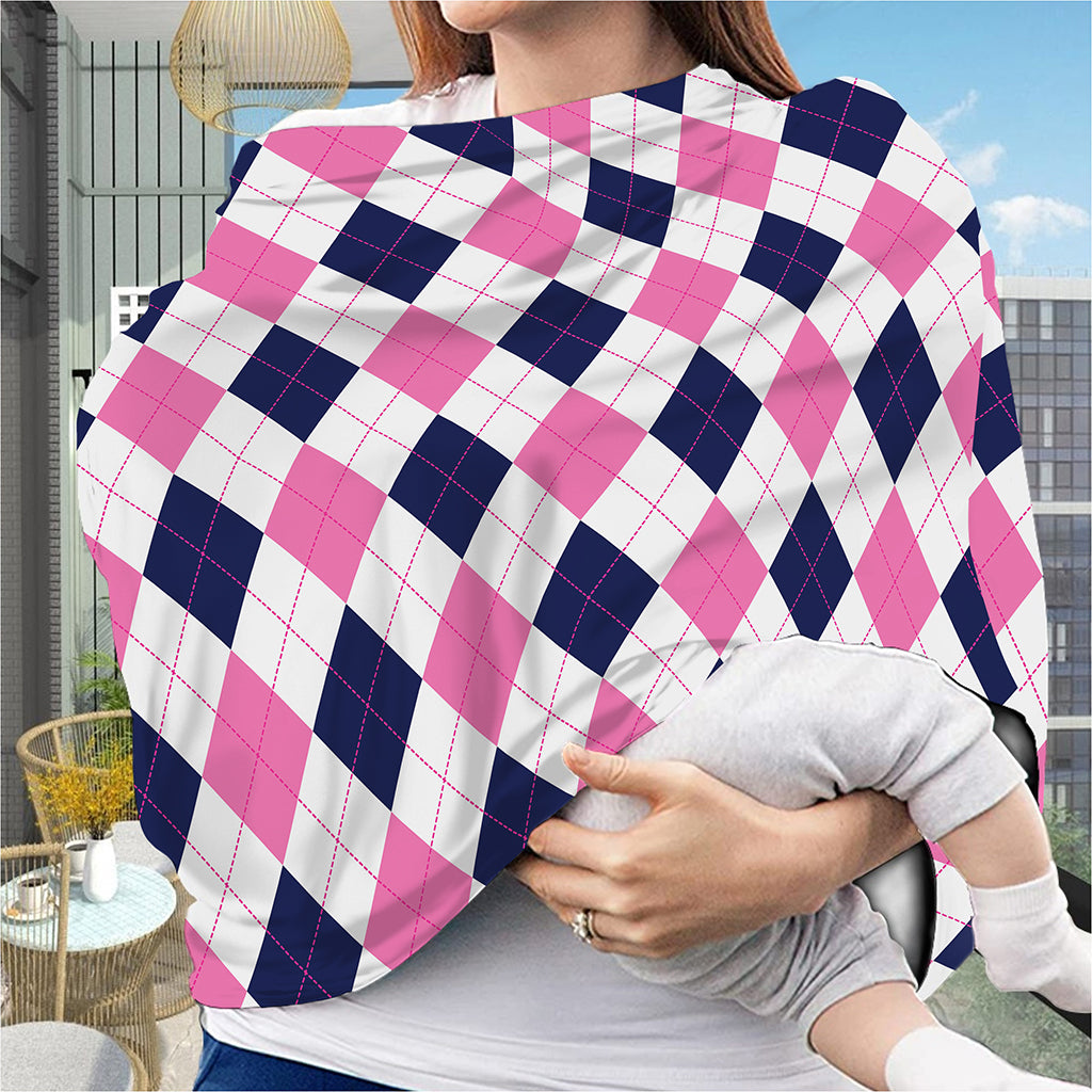 White Blue And Pink Argyle Pattern Print Baby Seat Cover