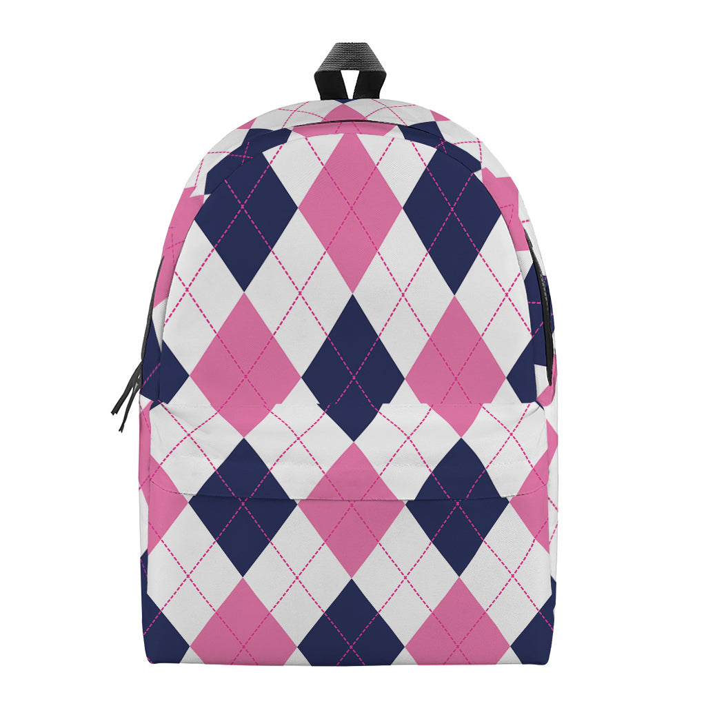 White Blue And Pink Argyle Pattern Print Backpack